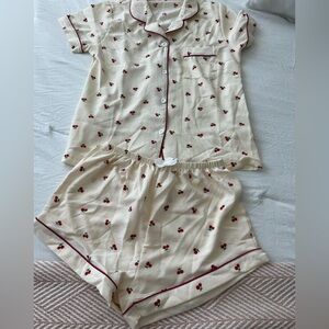 Cream Pajama Set with Cherry Print